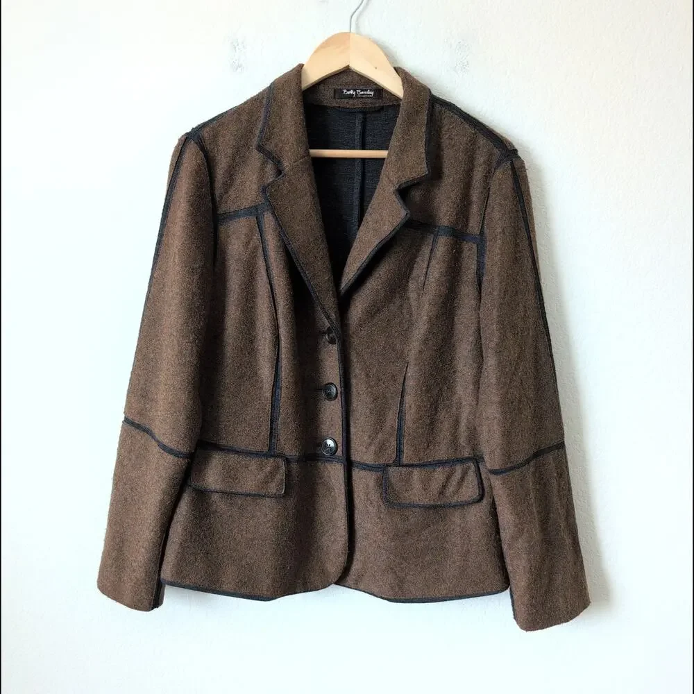 Betty Barclay Blazer Jacket Size 14 Womens Brown Contrast Trim Wool Blend Career